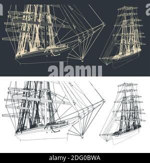 Illustration vectorielle stylisée d'un dessin d'un grand modèle à trois mâts voilier Illustration de Vecteur