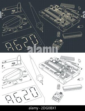 Illustration vectorielle stylisée d'un ensemble de composants électroniques pour formation des ingénieurs en électricité et des passionnés d'électronique Illustration de Vecteur