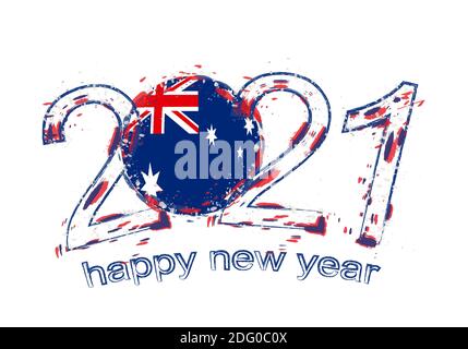 Bonne année 2021 avec drapeau de l'Australie. Illustration du vecteur grunge des fêtes. Illustration de Vecteur