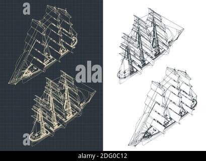 Illustration vectorielle stylisée d'un grand voilier à trois mâts, isométrique mises en plan Illustration de Vecteur