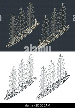 Illustration vectorielle stylisée d'un grand voilier moderne à trois mâts mises en plan isométriques avec les voiles vers le bas Illustration de Vecteur