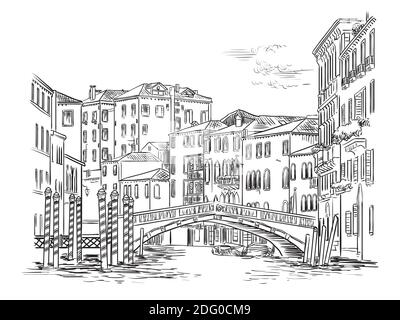 Illustration vectorielle à la main du pont sur le canal à Venise. Venise paysage urbain croquis dessiné à la main en noir isolé sur fond blanc. Déplacement Illustration de Vecteur