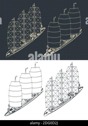 Illustration vectorielle stylisée d'un grand voilier moderne à trois mâts mises en plan isométriques Illustration de Vecteur