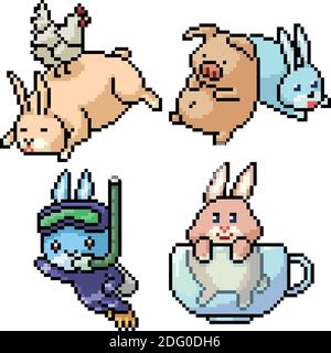 pixel art set isolé drôle lapin ami Illustration de Vecteur