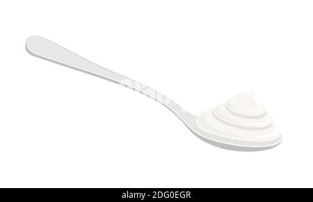 Cuillère en métal avec yaourt grec, crème aigre ou crème fouettée isolée sur fond blanc. Dessert ou souce à base de produits laitiers. Illustration vectorielle. Illustration de Vecteur