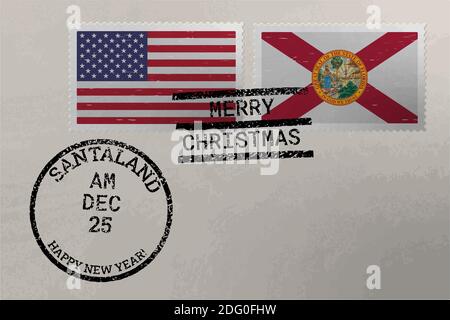 Enveloppe de timbre-poste avec drapeau de la Floride et des États-Unis et timbres de Noël et du nouvel an, vecteur Illustration de Vecteur