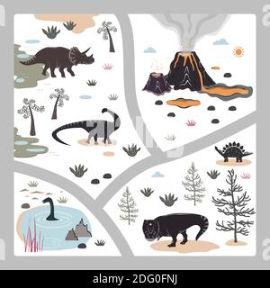 Tapis de jeu pour enfants avec dinosaures, palmiers et montagnes de volcan. Illustration vectorielle, moquette ou affiche murale. Dino de fond pour le Illustration de Vecteur