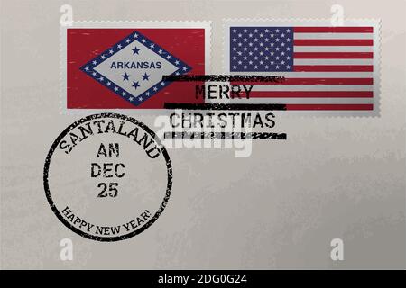 Enveloppe de timbre-poste avec drapeau Arkansas et USA et timbres de Noël et du nouvel an, vecteur Illustration de Vecteur