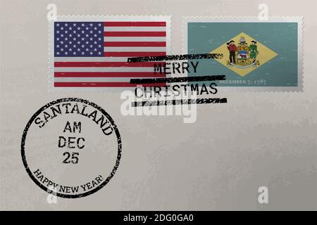 Enveloppe de timbre-poste avec drapeau du Delaware et des États-Unis et timbres de Noël et du nouvel an, vecteur Illustration de Vecteur