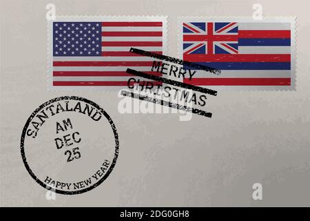 Enveloppe de timbre-poste avec drapeau d'Hawaï et des États-Unis et timbres de Noël et du nouvel an, vecteur Illustration de Vecteur