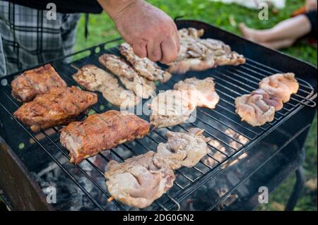 Délicieux plats de viande cuits sur un barbecue en plein air dans un parc. Banque D'Images
