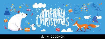 Affiche de Noël joyeuse en forme de caniche avec des animaux mignons. Illustration de Vecteur
