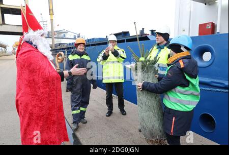 Rostock, Allemagne. 07ème décembre 2020. Alors que Saint Nicholas, Stefanie Zernikow, couturière de la diaconesse, apporte un arbre de Noël à bord du cargo Miramar dans le port maritime, Ulrike Seperant (r) l'aide. Pour l'action traditionnelle de la Mission des marins 'Hollfast', le magasin spécialisé de jardin Rostock 'Grönfingers' a donné les firs Nordmann. Credit: Bernd Wüstneck/dpa-Zentralbild/dpa/Alay Live News Banque D'Images