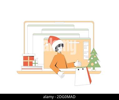 Achats en ligne de Noël. Restez à la maison pendant les vacances d'hiver et achetez des cadeaux sur Internet. Partage du présent virtuel sur Internet. Soldes de Noël. Dessin vectoriel Illustration de Vecteur