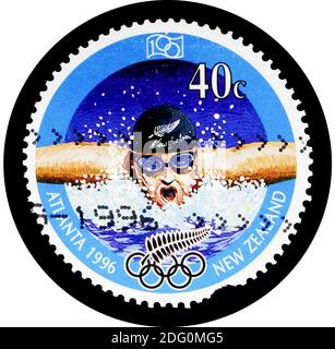 MOSCOU, RUSSIE - 16 MAI 2018 : un timbre imprimé en Nouvelle-Zélande montre la natation, Jeux Olympiques d'été 1996 - série Atlanta, vers 1996 Banque D'Images