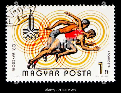 MOSCOU, RUSSIE - 16 MAI 2018 : un timbre imprimé en Hongrie montre les 22e Jeux d'été d'Olypmic, Moscou 1980, série, vers 1980 Banque D'Images
