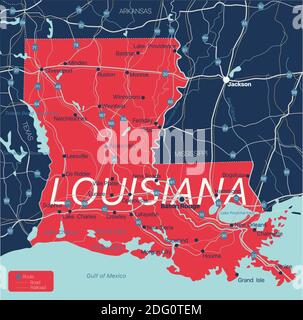 Carte détaillée modifiable de l'État de Lousiana avec villes, sites géographiques, routes, chemins de fer, autoroutes et autoroutes américaines. Fichier vectoriel EPS-10, tren Illustration de Vecteur