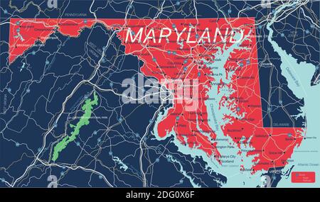 Carte détaillée modifiable de l'État du Maryland avec villes et villes, sites géographiques, routes, chemins de fer, autoroutes et autoroutes américaines. Fichier vectoriel EPS-10, tren Illustration de Vecteur