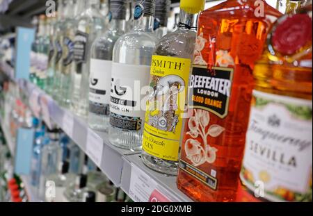 specialty gins sur les étagères des supermarchés, norfolk, angleterre Banque D'Images