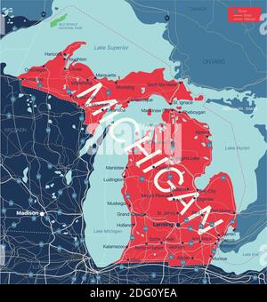 Carte détaillée modifiable de l'État du Michigan avec villes et villes, sites géographiques, routes, chemins de fer, autoroutes et autoroutes américaines. Fichier vectoriel EPS-10, tren Illustration de Vecteur