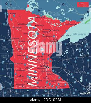 Carte modifiable détaillée de l'État du Minnesota avec villes et villes, sites géographiques, routes, chemins de fer, autoroutes et autoroutes américaines. Fichier vectoriel EPS-10, tre Illustration de Vecteur