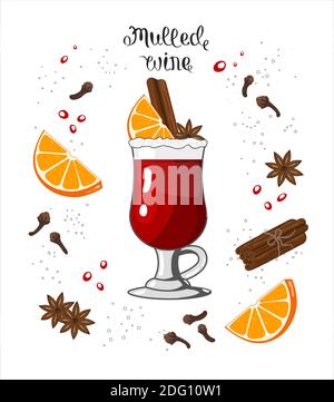 Vin chaud rouge avec épices et fruits dans un cadre vectoriel en verre de style plat. Boisson chaude traditionnelle de Noël ou NewYear sur fond blanc Illustration de Vecteur