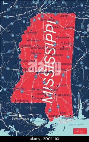 Carte modifiable détaillée de l'État du Mississippi avec villes, sites géographiques, routes, chemins de fer, autoroutes et autoroutes américaines. Fichier vectoriel EPS-10, t Illustration de Vecteur