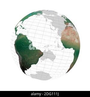 Globe transparent avec continents et réseau de degrés contre un blanc arrière-plan Banque D'Images