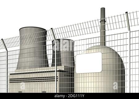 Centrale nucléaire derrière une barrière avec un panneau vide, inscriptible numériquement, sur fond blanc Banque D'Images