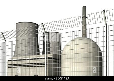 Centrale nucléaire derrière une barrière contre un blanc arrière-plan Banque D'Images