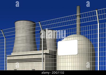 Centrale nucléaire derrière une barrière avec un panneau vide, inscriptible numériquement, sur fond bleu Banque D'Images