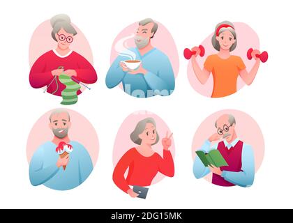 Caricaturer les avatars de vieux personnages actifs faisant de l'exercice sportif, tricotage, réseautage, manger de la crème glacée, boire du thé, lire le livre. Personnes âgées Illustration de Vecteur