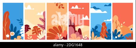 Ensemble d'illustrations vectorielles de paysages de style minimaliste plat. Nature dans des couleurs vives tendance. Forêt, feuilles et fleurs, fonds floraux. Illustration de Vecteur