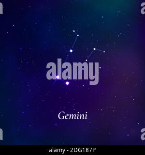 Signe Gemini. Carte des étoiles de la constellation du zodiaque sur fond bleu foncé. Vecteur Illustration de Vecteur