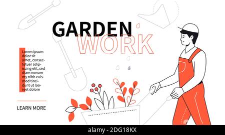 Garden Work - bandeau web moderne de style design plat avec éléments de ligne et espace de copie pour le texte. Une illustration avec un homme souriant, jardinier dans un overa Illustration de Vecteur