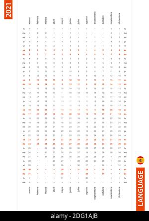 Espagnol une ligne calendrier vertical 2021, lundi premier jour de la semaine. Calendrier vectoriel en espagnol. Illustration de Vecteur