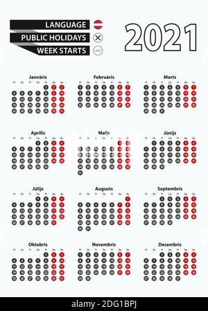 Modèle de calendrier vectoriel 2021 avec nombre en cercles, simple calendrier letton pour l'année 2021. Illustration vectorielle. Illustration de Vecteur