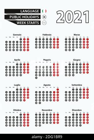 Modèle de calendrier vectoriel 2021 avec nombre en cercles, simple calendrier italien pour l'année 2021. Illustration vectorielle. Illustration de Vecteur