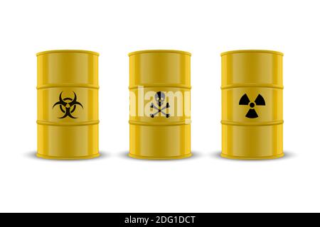 Vector 3d Realistic Yellow simple brillant émail métal huile, carburant, barils d'essence. Panneau de danger biologique, de rayonnement isolé sur fond blanc Illustration de Vecteur