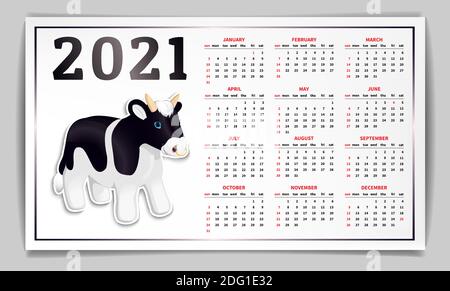 Calendrier pour 2021. Selon le calendrier chinois, l'année de l'Ox. Autocollant de caractère de Noël, joli taureau noir avec anneau de nez. Horizontale ba Illustration de Vecteur