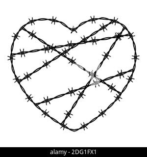 Symbole de conclusion en forme de cœur, signe. Fil barbelé isolé sur fond blanc. Illustration Banque D'Images