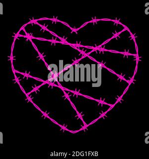 Symbole de conclusion en forme de cœur, signe. Fil barbelé isolé sur fond blanc. Illustration Banque D'Images