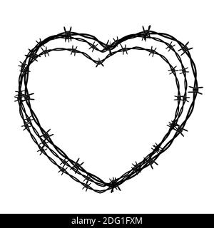 Symbole de conclusion en forme de cœur, signe. Fil barbelé isolé sur fond blanc. Illustration Banque D'Images