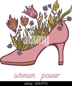 Illustration vectorielle de talons hauts avec fleurs en fleurs et panneau “Women power”. Femme chaussure avec fleurs. Modèle pour carte, affiche, bannière, impression pour Illustration de Vecteur
