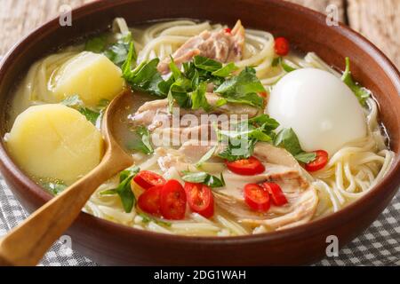 Délicieuse soupe de nouilles de poulet aux œufs durs et aux herbes dans une assiette sur la table. Verticale Banque D'Images