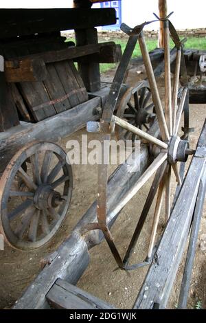 Display of old agricultural tools at the Village Museum in Bucharest, Romania Stock Photo