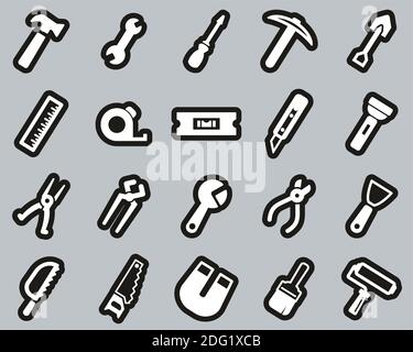 Outils icônes blanc sur noir ensemble d'autocollants gros Illustration de Vecteur