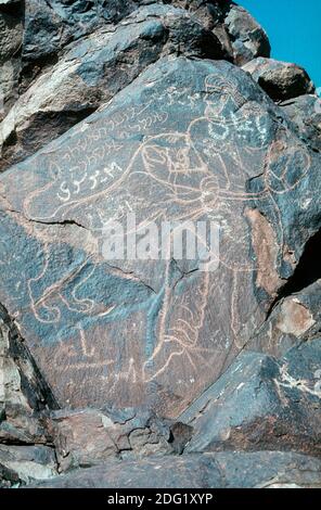 Sasanian dessin de roche incisée d'un roi combattant un lion, montagne près de Firuzabad, province de Fars, Iran Banque D'Images