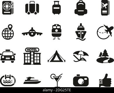 Icônes de voyage ou de vacances ensemble noir et blanc grand Illustration de Vecteur