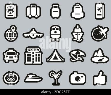 Icônes de voyage ou de vacances blanc sur l'ensemble d'autocollants noirs grand Illustration de Vecteur